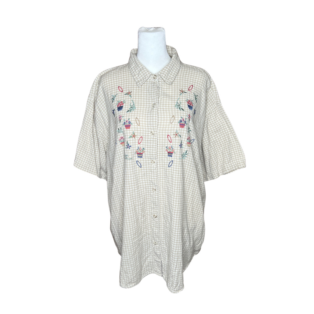 Vtg 90s Gingham Button-up 3X Oatmeal Embroidered Cottagecore Whimsical Gardening